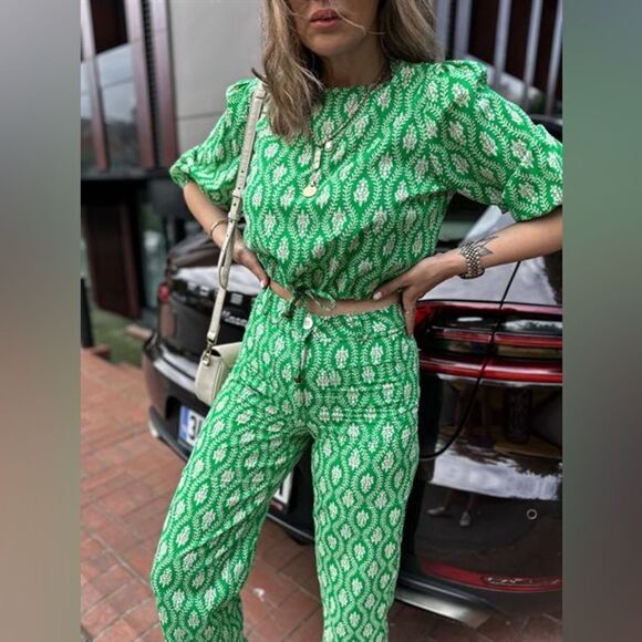 Zara blogger favorite green printed cotton top with waist tie - Picture 5 of 8